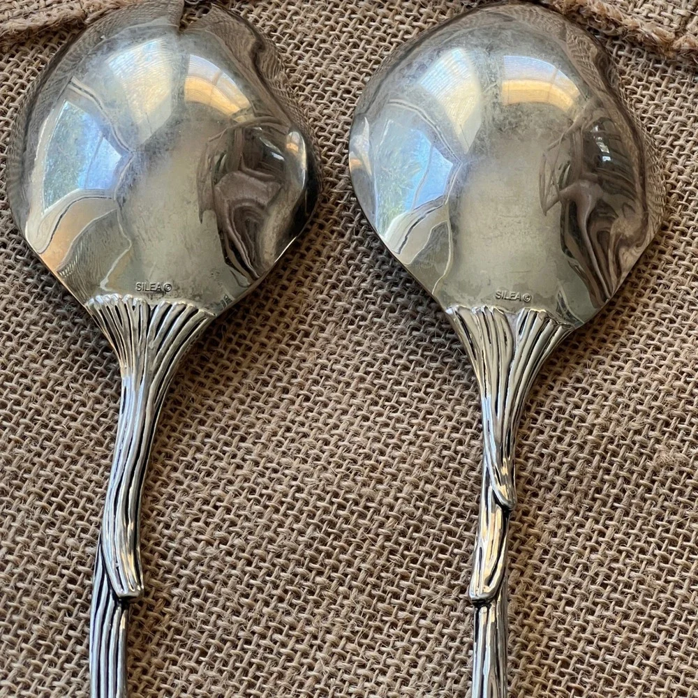 Silea Silver Plated Ginkgo Leaf Salad Servers Set 2 Piece Botanical Design